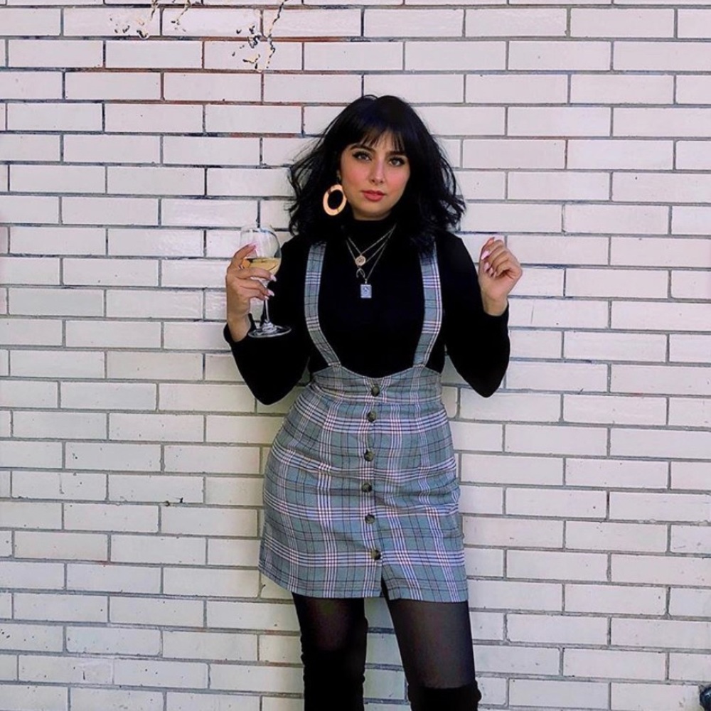 grey plaid patterned overall dress from forever 21